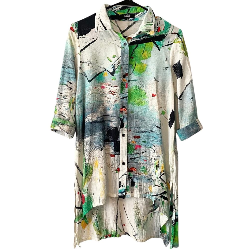 LIOR PARIS Colorful Abstract Urban Button Down High Low Tunic Size Small